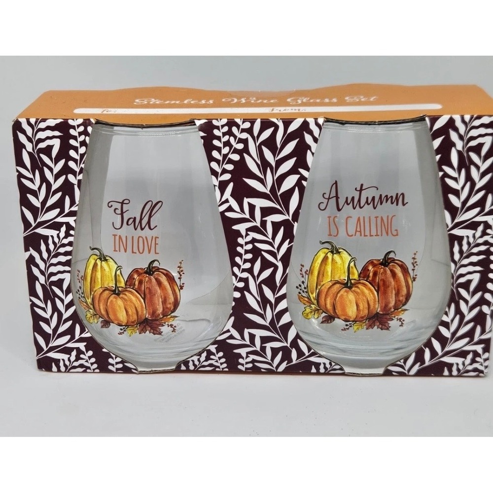 Fall Pumpkin Stemless Wine Glass Set of 2 Autumn Is Calling Harvest Gift Set